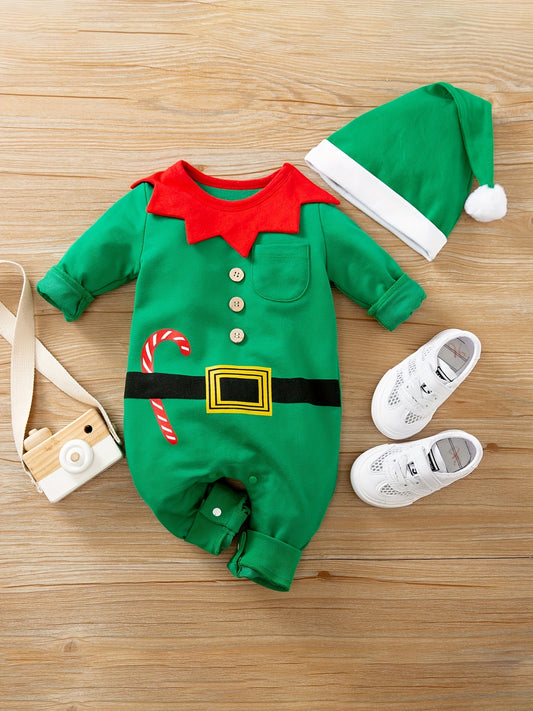 Toddler Boys Girls Cute Long-sleeved Christmas Green Elf Style Jumpsuit With Hat Set, Kid's Party Casual Clothes