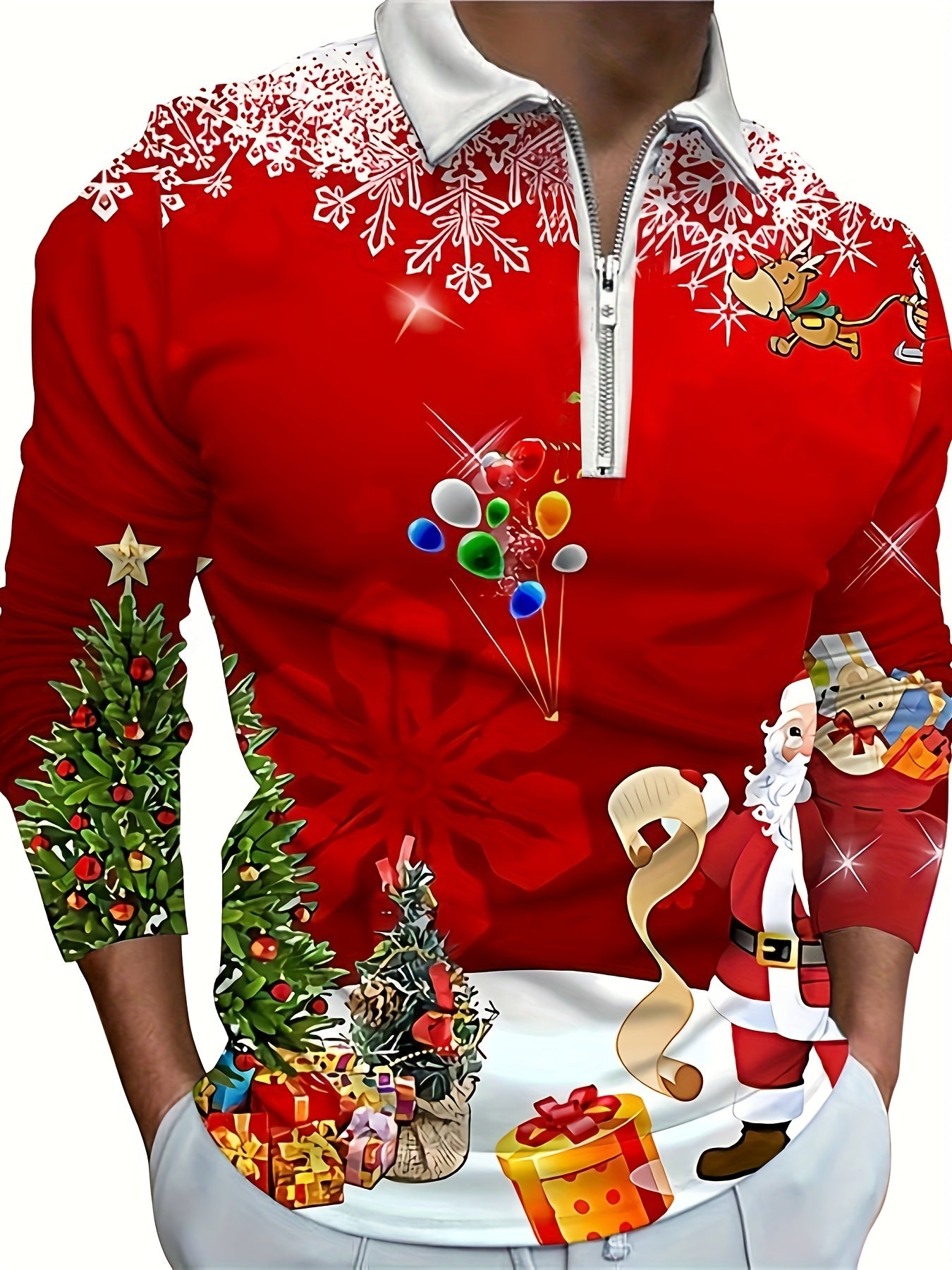 Christmas Graphic Print Men's Long Sleeve Zipper Lapel Shirt, Men's Spring Fall Trendy Top