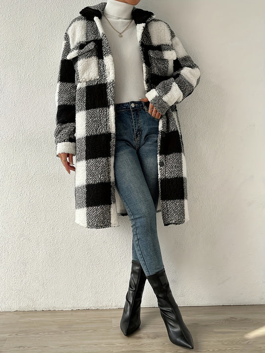 Plaid Pattern Teddy Coat, Casual Button Front Long Sleeve Outerwear, Women's Clothing