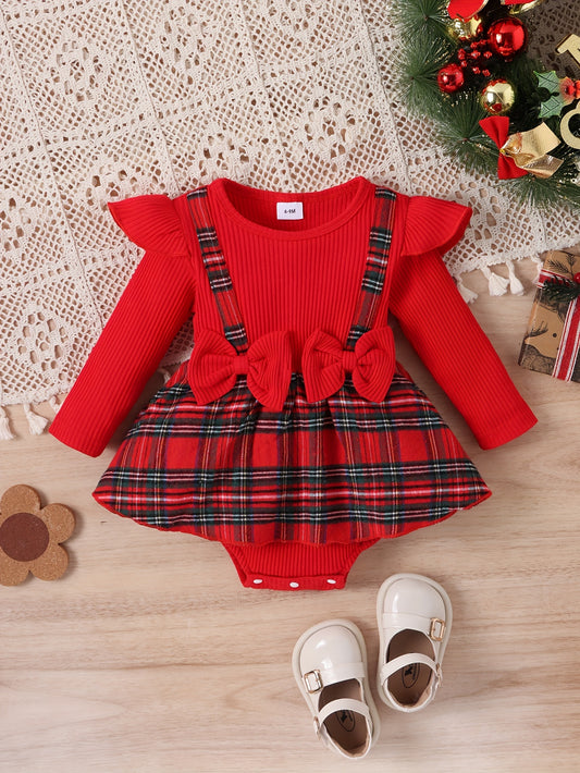 Baby Girls Cute Christmas Long-sleeved Plaid Dress Romper