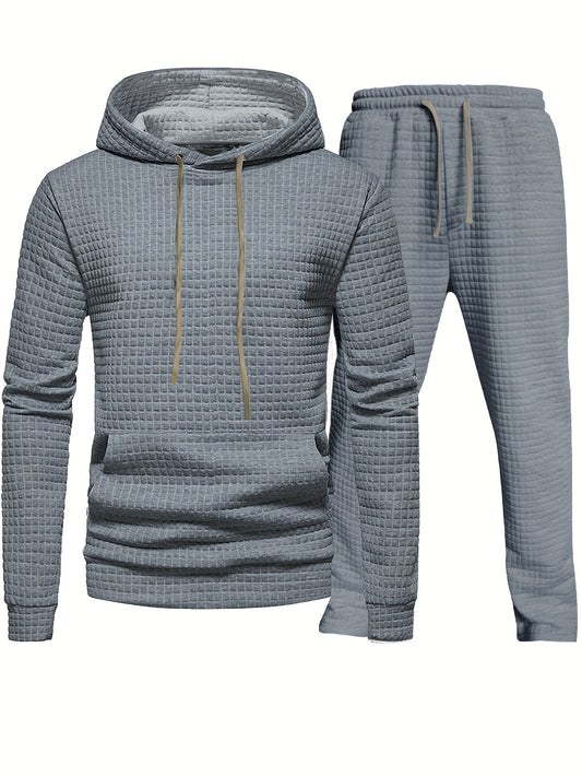 Men's Casual Suit Autumn And Winter Outdoor Sports Fitness Hooded Sweater Fashion Trendy Brand Waffle Jogging Training Two-piece Set