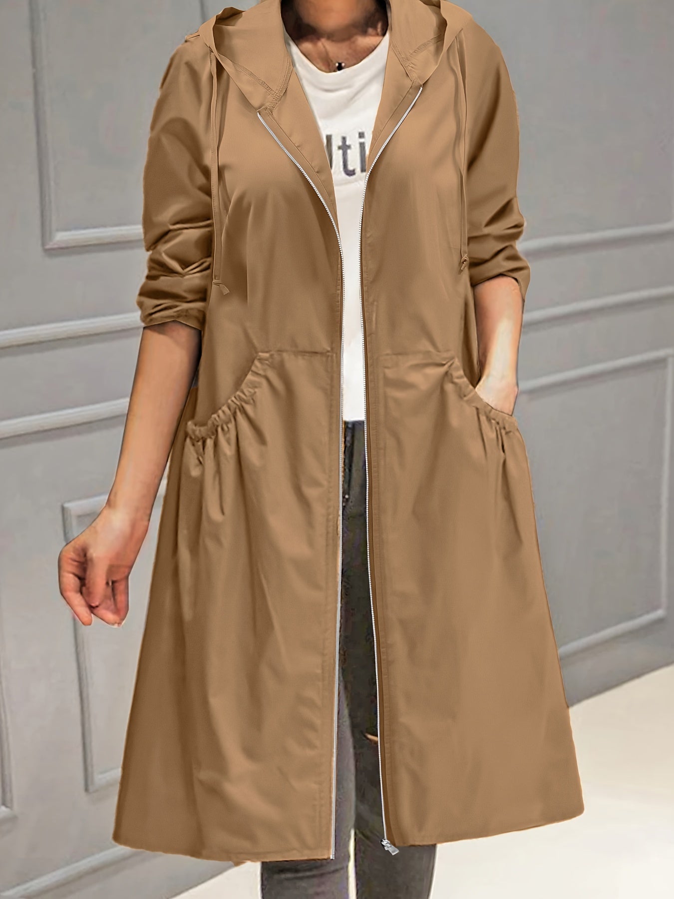 Plus Size Casual Trench Coat, Women's Plus Solid Long Sleeve Hooded Drawstring Zipper Longline Trench Coat With Pockets